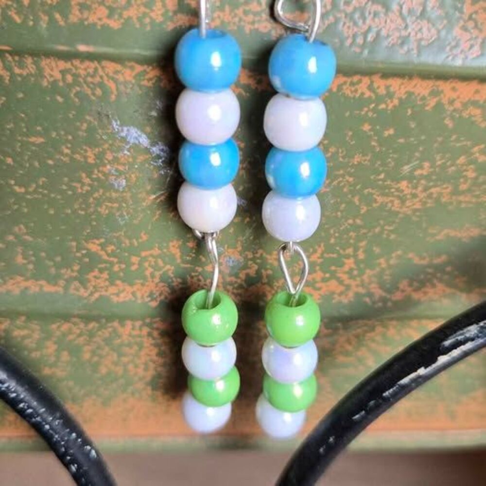 Pastel Glass Bead Dangle Earrings | Blue, Green & White | Pre-Owned